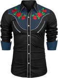 Men'S Western Cowboy Shirt Long Sleeve Slim Fit Rose Embroidered Cotton Casual Button down Shirts