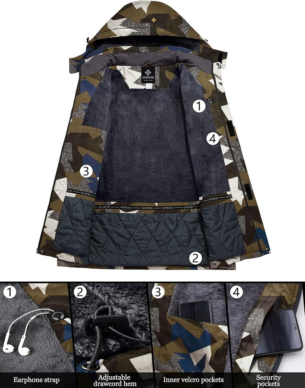 Men'S Windproof Ski Jacket Warm Raincoats Snowboarding Hooded Parka with Multi-Pockets