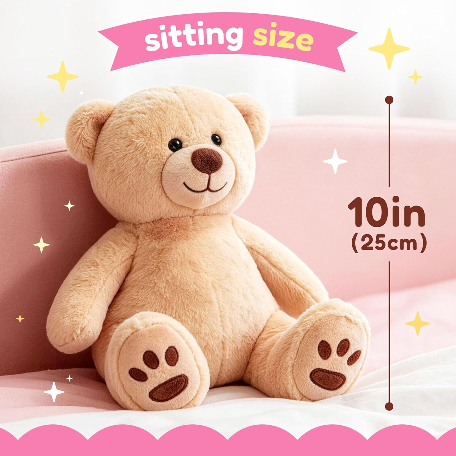 Teddy Bear Stuffed Animals, 10 Inch Soft Cuddly Plush Toys, Cute Plushies with Footprints, Stuffed Animals for Girls Kids Baby Toddlers, Baby Shower Easter Birthday Gift Decor, Light Brown