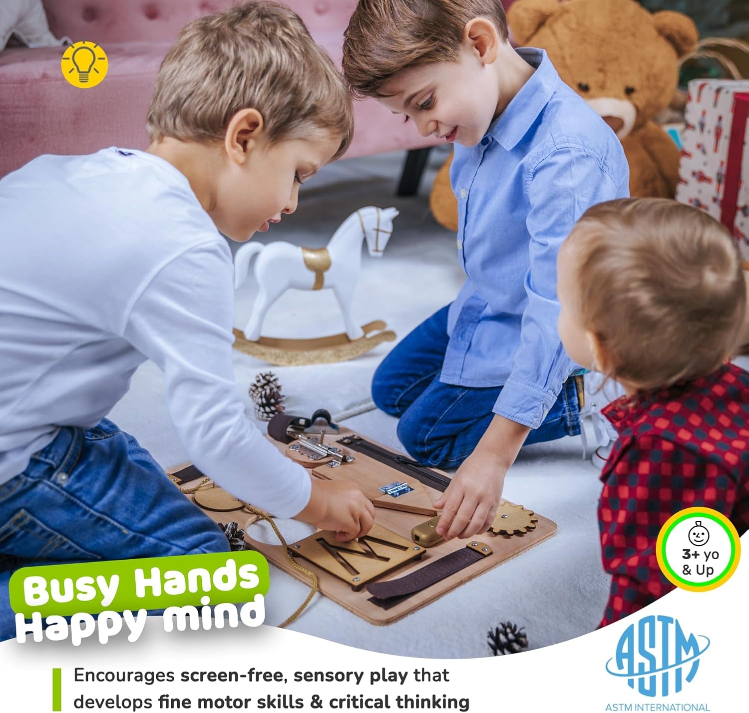 Toddler Busy Board, Premium Wooden Sensory Busy Board for Toddlers 1 2 3 Year Old with 10 Educational Activities for Fine Motor Skills, Fidget Activity Toy for Travel