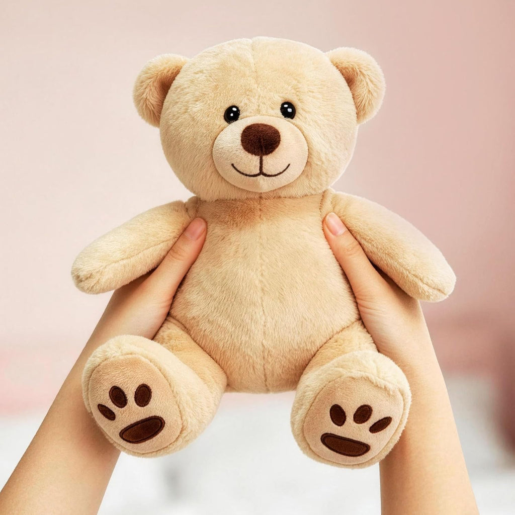 Teddy Bear Stuffed Animals, 10 Inch Soft Cuddly Plush Toys, Cute Plushies with Footprints, Stuffed Animals for Girls Kids Baby Toddlers, Baby Shower Easter Birthday Gift Decor, Light Brown