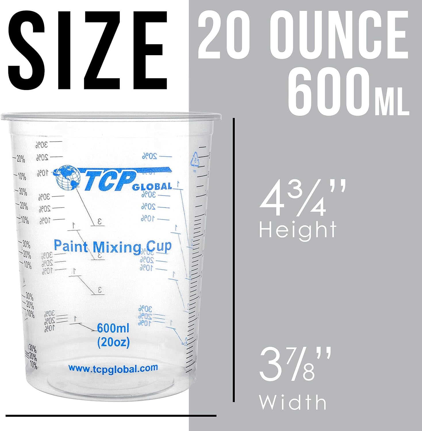 20 Oz. (600Ml) Graduated Plastic Mixing Cups - Box of 50 with 50 Mixing Sticks - Disposable Plastic Measuring Cups for Liquids, Paints, Resin, Epoxy, Art, Kitchen - Ratios 2-1, 3-1, 4-1 ML