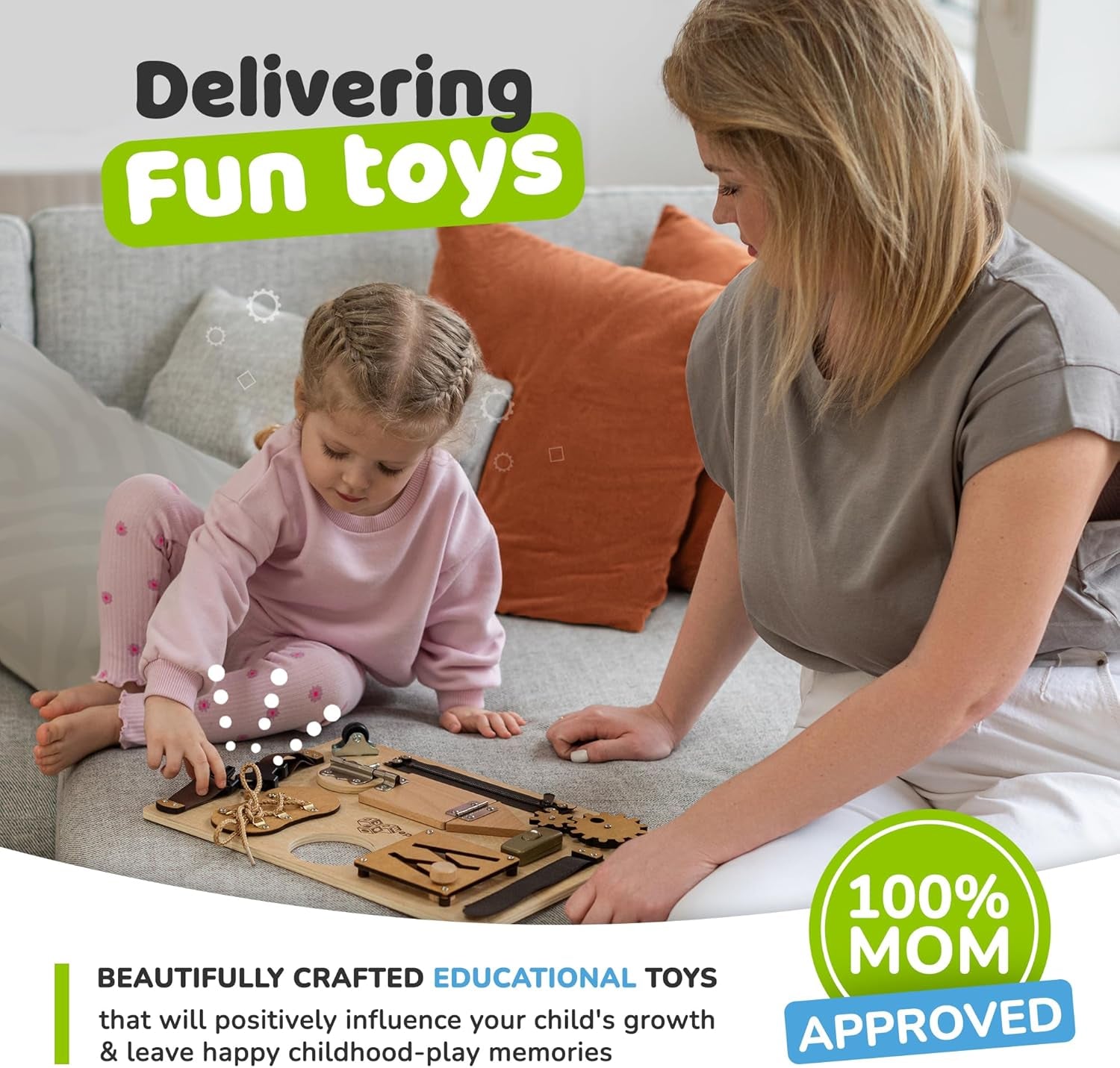 Toddler Busy Board, Premium Wooden Sensory Busy Board for Toddlers 1 2 3 Year Old with 10 Educational Activities for Fine Motor Skills, Fidget Activity Toy for Travel