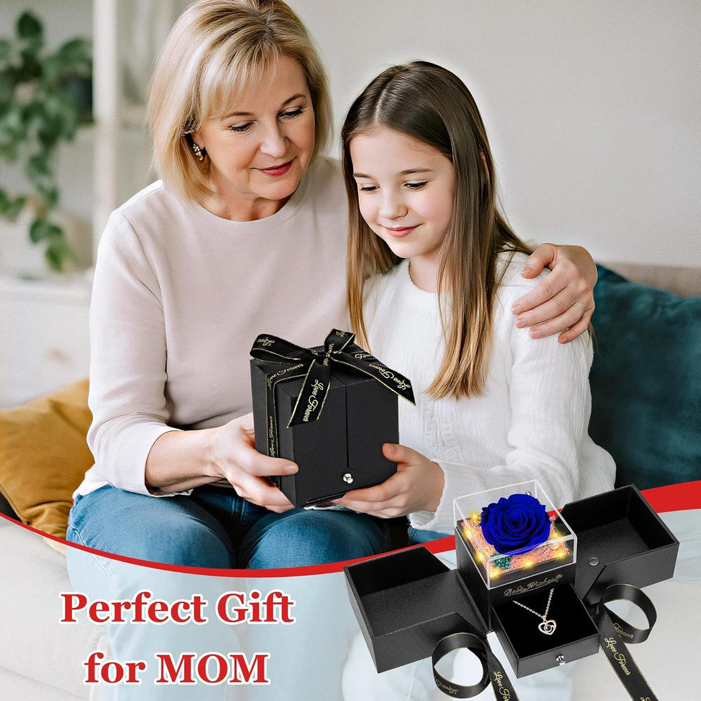 Mothers Day Rose Gifts for Mom from Daughter Son,Fresh Flowers for Delivery,Birthday Gifts for Women,Light up Rose Gifts for Her,Blue Preserved Flowers with Necklace,Wife Mom Gifts Anniversary