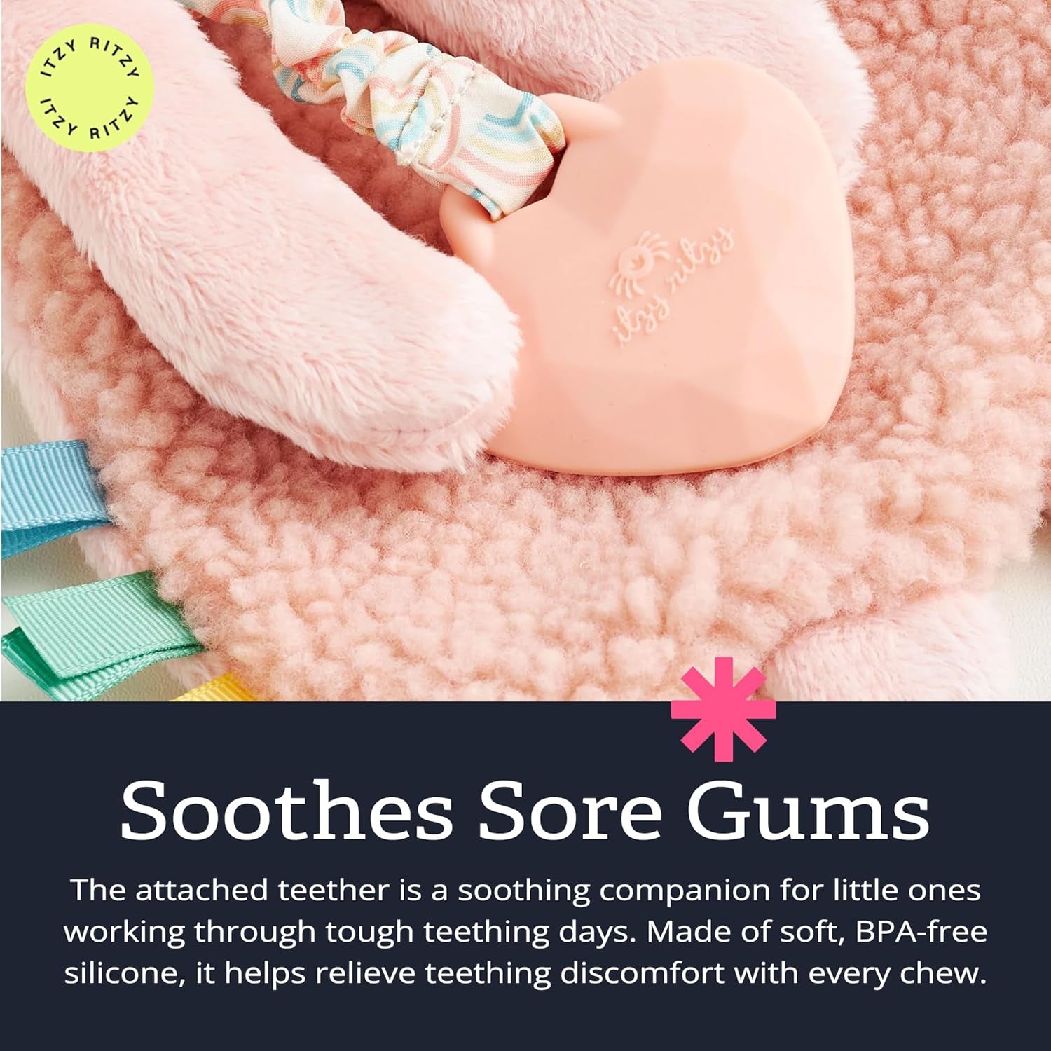 - Itzy Lovey Including Teether - Baby Lovey with Teether, Textured Ribbons & Dangle Arms - Features Crinkle Sound, Sherpa Fabric and Minky Plush (Pink Bunny)