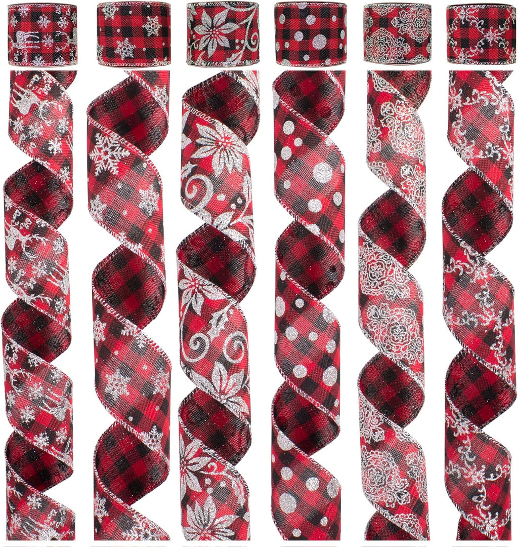 36 Yards 2.5" Wired Burlap Buffalo Checkered Christmas Ribbon, Jute Gift Wrapping Ribbon Wreath Bows Garlands Swag Decorations, Assorted Fabric Ribbons (6 X 6 Yard) - Classic Red/Black Plaid