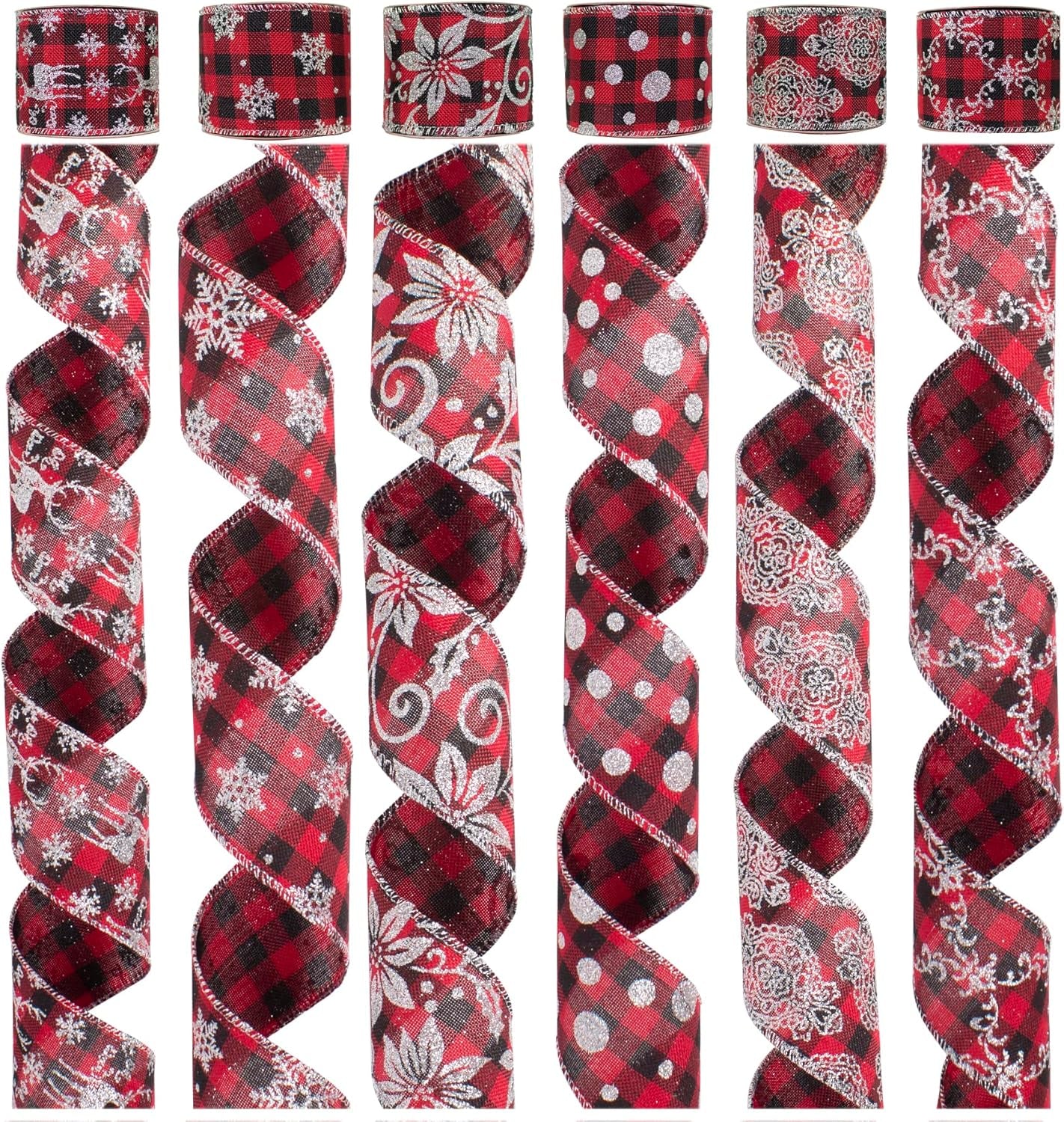 36 Yards 2.5" Wired Burlap Buffalo Checkered Christmas Ribbon, Jute Gift Wrapping Ribbon Wreath Bows Garlands Swag Decorations, Assorted Fabric Ribbons (6 X 6 Yard) - Classic Red/Black Plaid