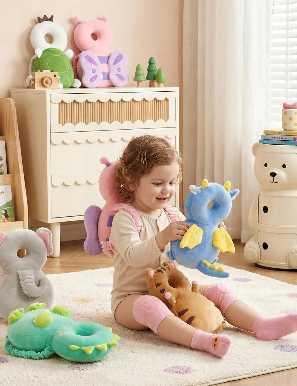Toddler Baby Head Protector Backpack for Toddler Walker with Knee Pads&Anti-Slip Socks, Elephant