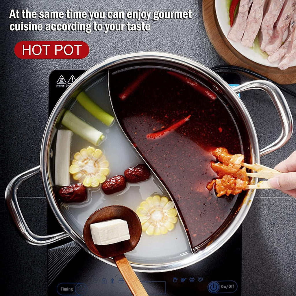 13Inch Hot Pot with Divider Lid Stainless Steel Shabu Shabu Pot for Induction Cooktop Gas Stove Kitchen Cooker, Dual Sided Soup Cookware with 2 Soup Ladles