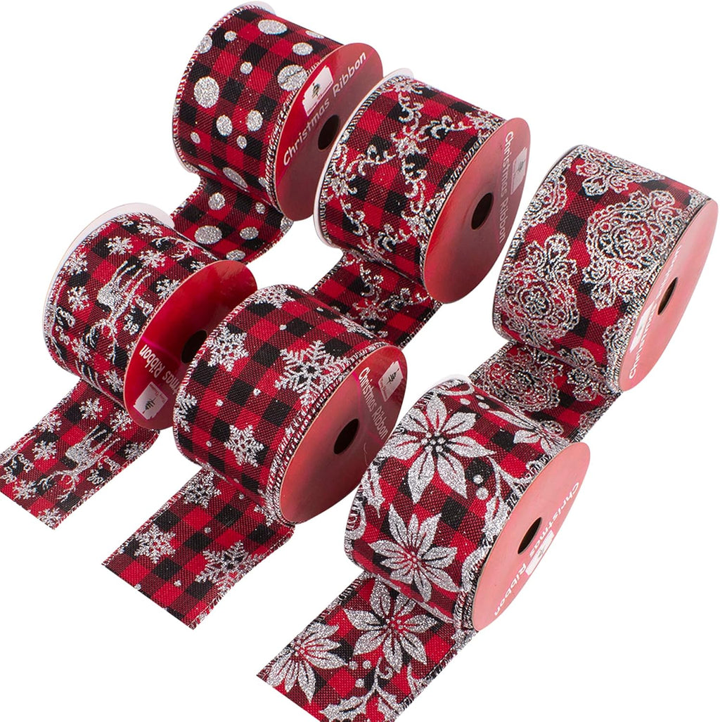 36 Yards 2.5" Wired Burlap Buffalo Checkered Christmas Ribbon, Jute Gift Wrapping Ribbon Wreath Bows Garlands Swag Decorations, Assorted Fabric Ribbons (6 X 6 Yard) - Classic Red/Black Plaid