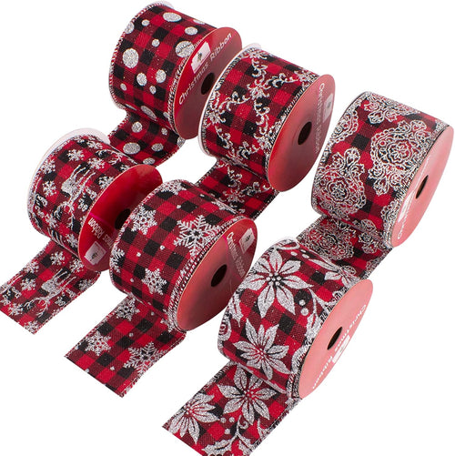 36 Yards 2.5" Wired Burlap Buffalo Checkered Christmas Ribbon, Jute Gift Wrapping Ribbon Wreath Bows Garlands Swag Decorations, Assorted Fabric Ribbons (6 X 6 Yard) - Classic Red/Black Plaid