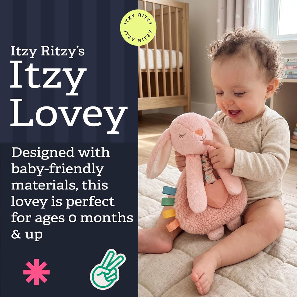 - Itzy Lovey Including Teether - Baby Lovey with Teether, Textured Ribbons & Dangle Arms - Features Crinkle Sound, Sherpa Fabric and Minky Plush (Pink Bunny)