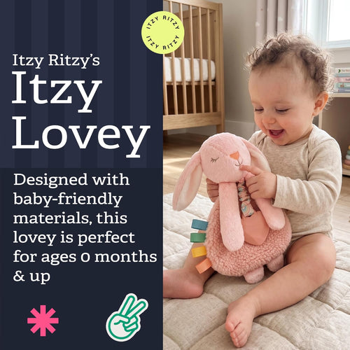 - Itzy Lovey Including Teether - Baby Lovey with Teether, Textured Ribbons & Dangle Arms - Features Crinkle Sound, Sherpa Fabric and Minky Plush (Pink Bunny)