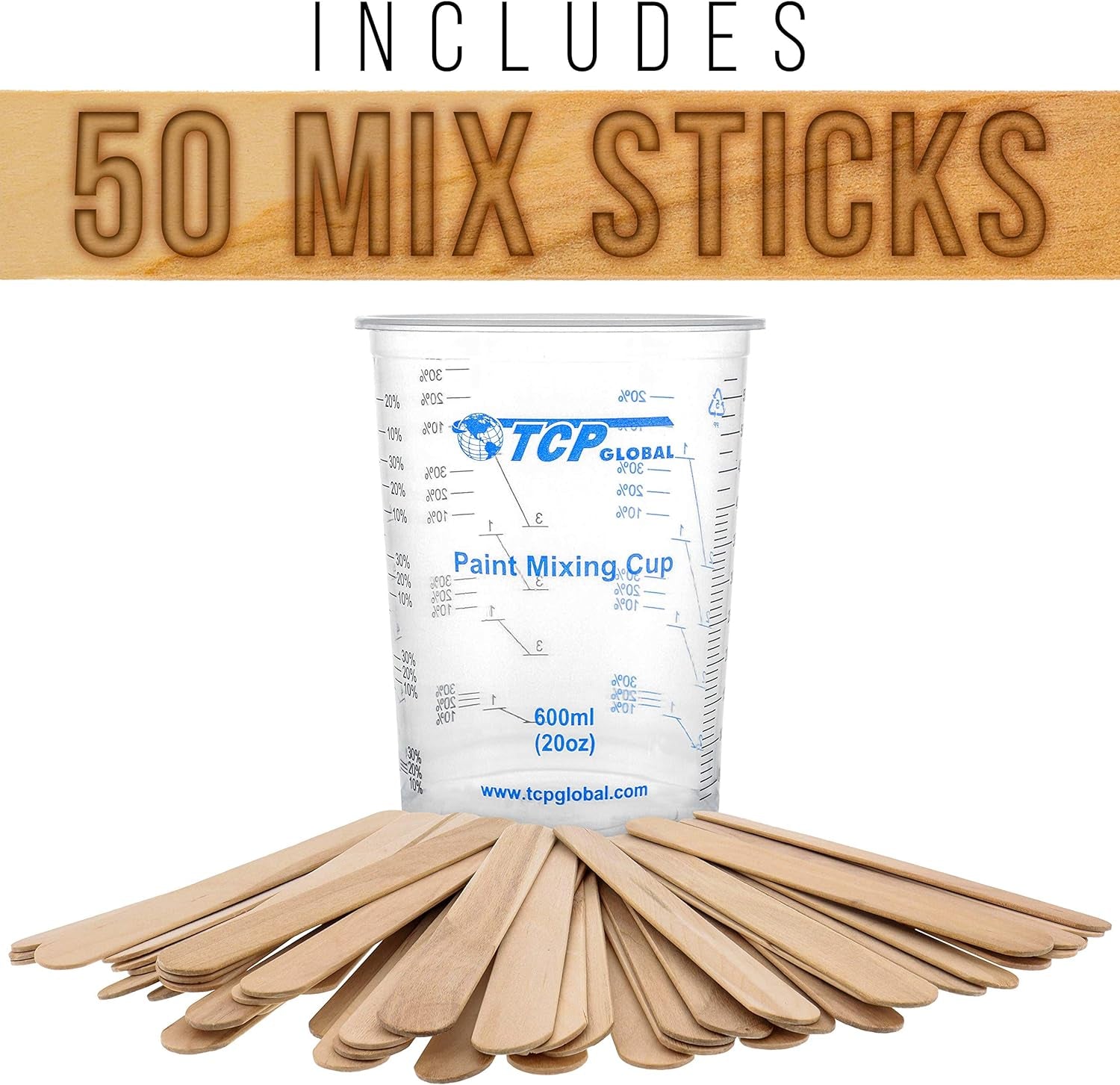20 Oz. (600Ml) Graduated Plastic Mixing Cups - Box of 50 with 50 Mixing Sticks - Disposable Plastic Measuring Cups for Liquids, Paints, Resin, Epoxy, Art, Kitchen - Ratios 2-1, 3-1, 4-1 ML