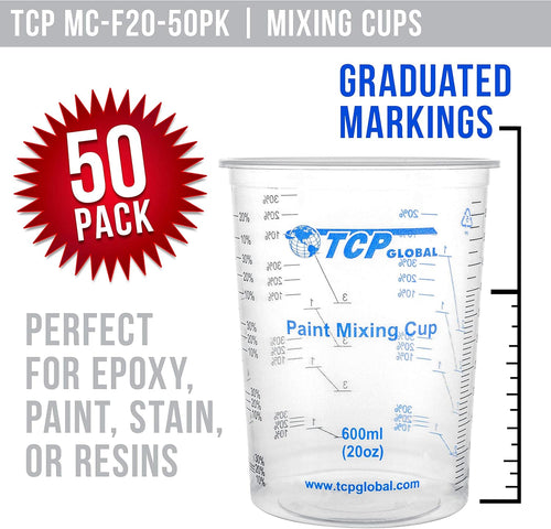 20 Oz. (600Ml) Graduated Plastic Mixing Cups - Box of 50 with 50 Mixing Sticks - Disposable Plastic Measuring Cups for Liquids, Paints, Resin, Epoxy, Art, Kitchen - Ratios 2-1, 3-1, 4-1 ML
