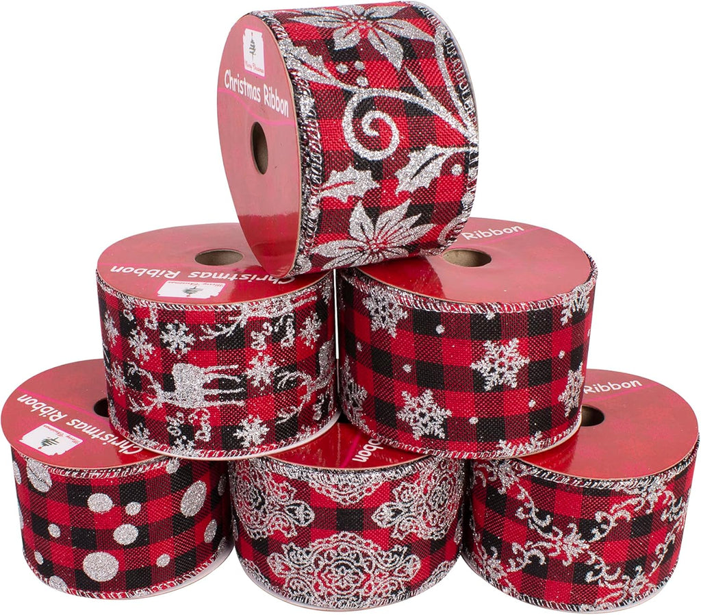 36 Yards 2.5" Wired Burlap Buffalo Checkered Christmas Ribbon, Jute Gift Wrapping Ribbon Wreath Bows Garlands Swag Decorations, Assorted Fabric Ribbons (6 X 6 Yard) - Classic Red/Black Plaid