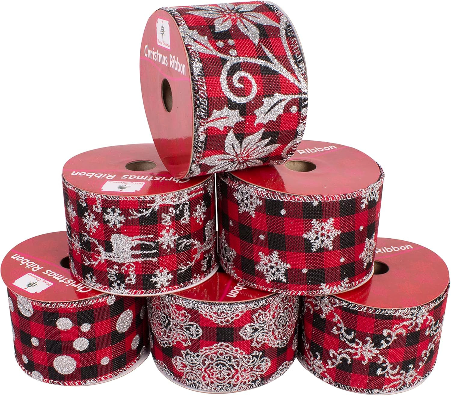 36 Yards 2.5" Wired Burlap Buffalo Checkered Christmas Ribbon, Jute Gift Wrapping Ribbon Wreath Bows Garlands Swag Decorations, Assorted Fabric Ribbons (6 X 6 Yard) - Classic Red/Black Plaid