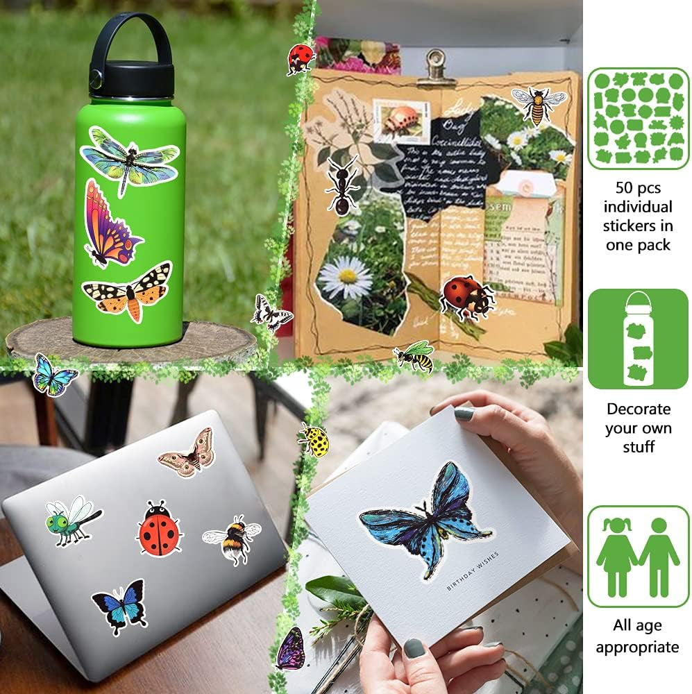 50 PCS Cute Bug Stickers for Kids Waterproof Vinyl Insect Stickers for Water Bottles Party Decorations