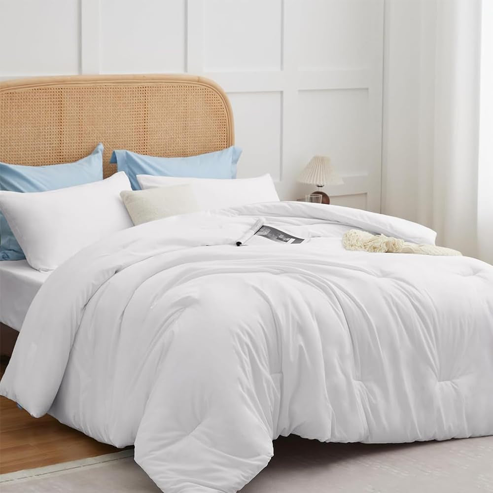 White Queen Comforter Set 3Pcs White Bedding Comforter Sets Soft All Season Queen Size Bed Comforter Set with 2 X Pillowcases
