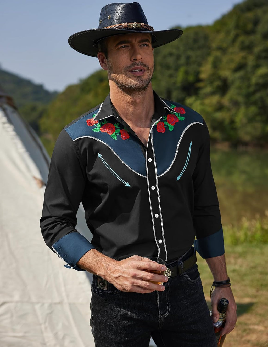 Men'S Western Cowboy Shirt Long Sleeve Slim Fit Rose Embroidered Cotton Casual Button down Shirts