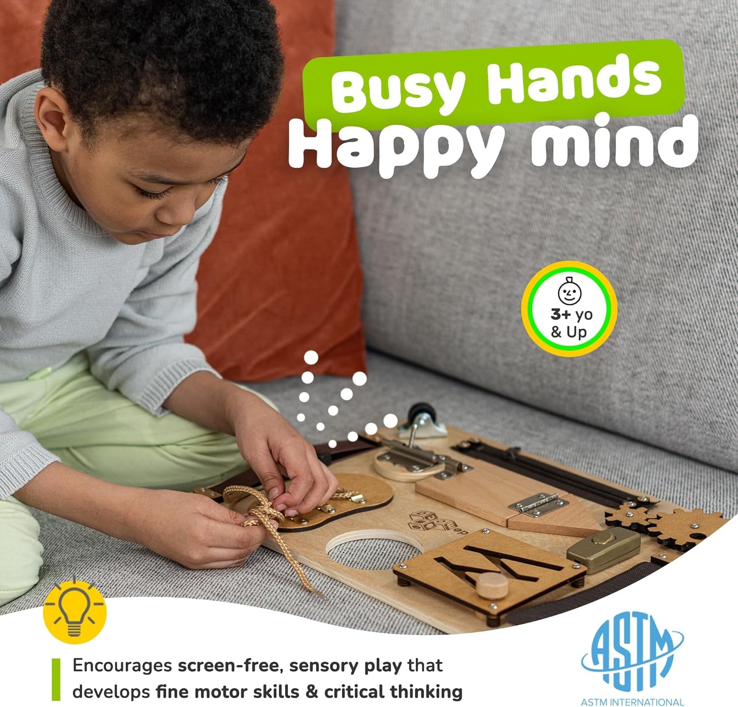 Toddler Busy Board, Premium Wooden Sensory Busy Board for Toddlers 1 2 3 Year Old with 10 Educational Activities for Fine Motor Skills, Fidget Activity Toy for Travel