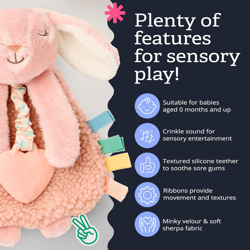- Itzy Lovey Including Teether - Baby Lovey with Teether, Textured Ribbons & Dangle Arms - Features Crinkle Sound, Sherpa Fabric and Minky Plush (Pink Bunny)