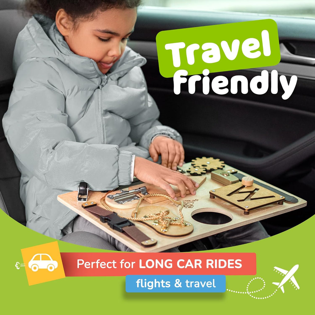 Toddler Busy Board, Premium Wooden Sensory Busy Board for Toddlers 1 2 3 Year Old with 10 Educational Activities for Fine Motor Skills, Fidget Activity Toy for Travel
