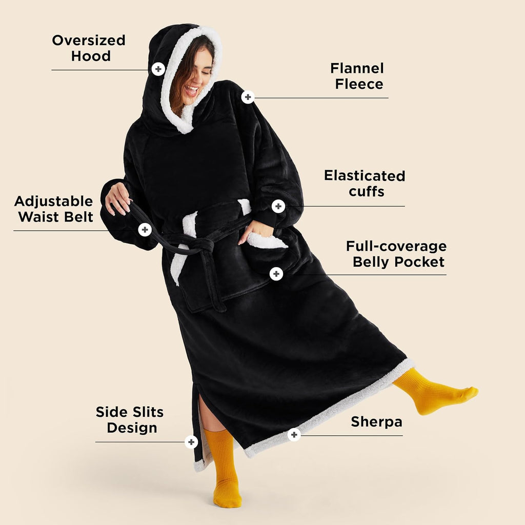 Bedsure Wearable Blanket Hoodie, Long Hooded Blanket Sweatshirt as Birthday Gifts for Women, Cozy Sherpa Hoodie for Adult, Standard, Black
