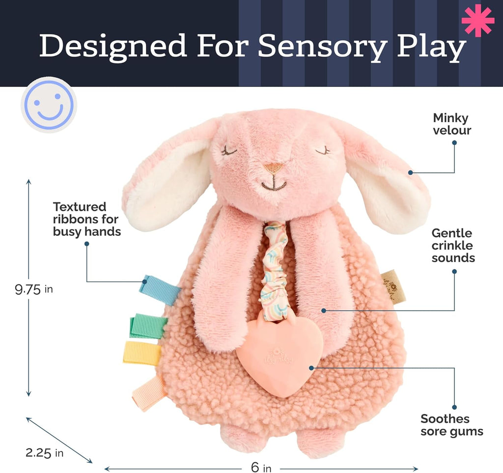 - Itzy Lovey Including Teether - Baby Lovey with Teether, Textured Ribbons & Dangle Arms - Features Crinkle Sound, Sherpa Fabric and Minky Plush (Pink Bunny)