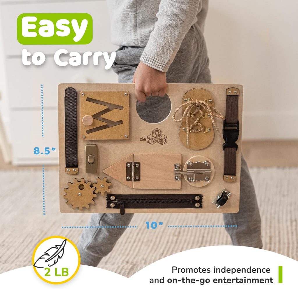 Toddler Busy Board, Premium Wooden Sensory Busy Board for Toddlers 1 2 3 Year Old with 10 Educational Activities for Fine Motor Skills, Fidget Activity Toy for Travel