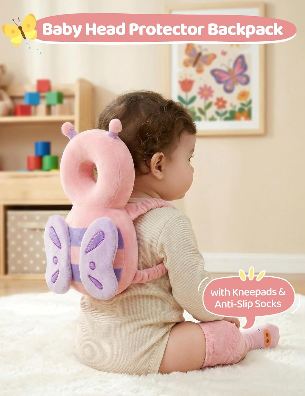 Toddler Baby Head Protector Backpack for Toddler Walker with Knee Pads&Anti-Slip Socks, Elephant