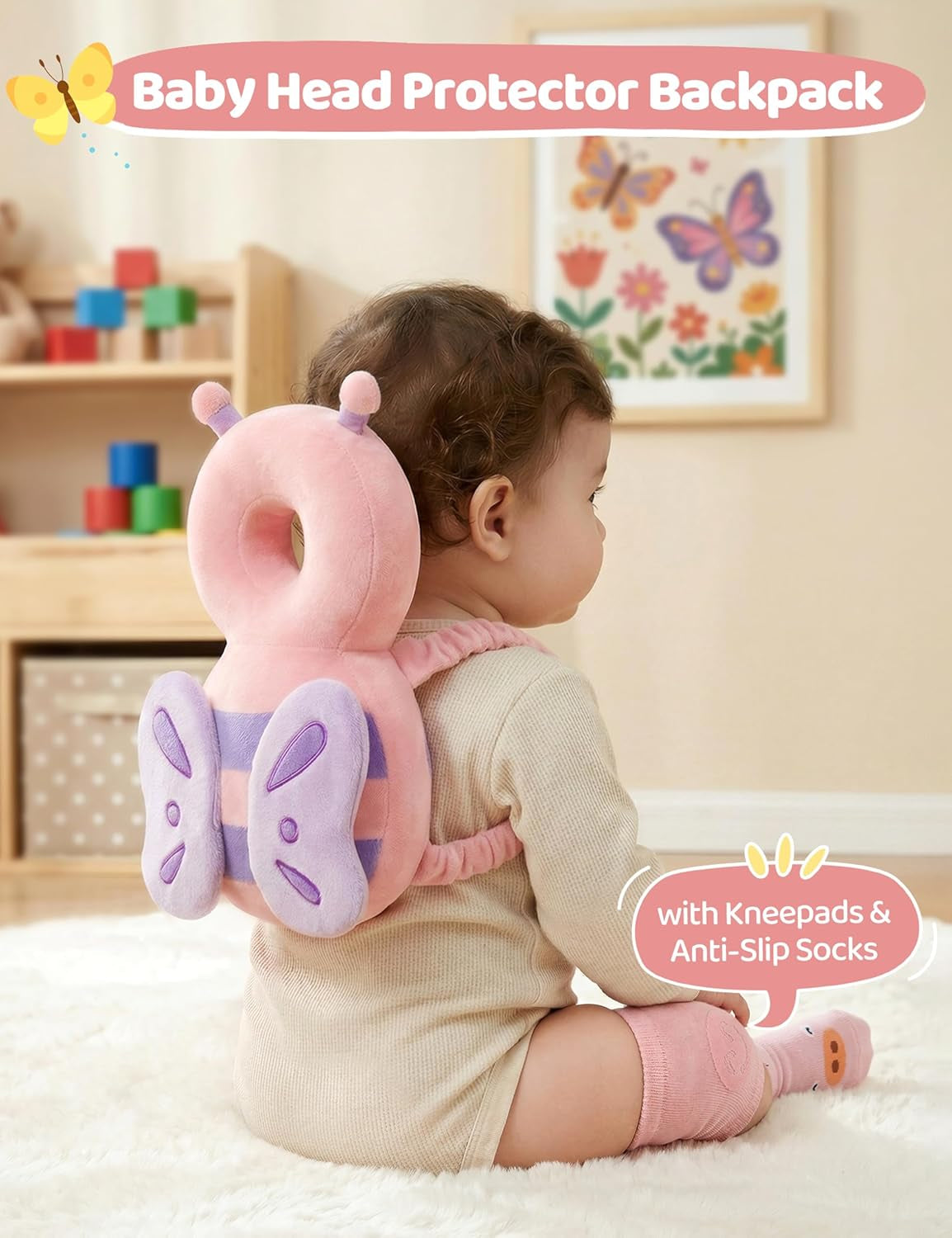 Toddler Baby Head Protector Backpack for Toddler Walker with Knee Pads&Anti-Slip Socks, Elephant