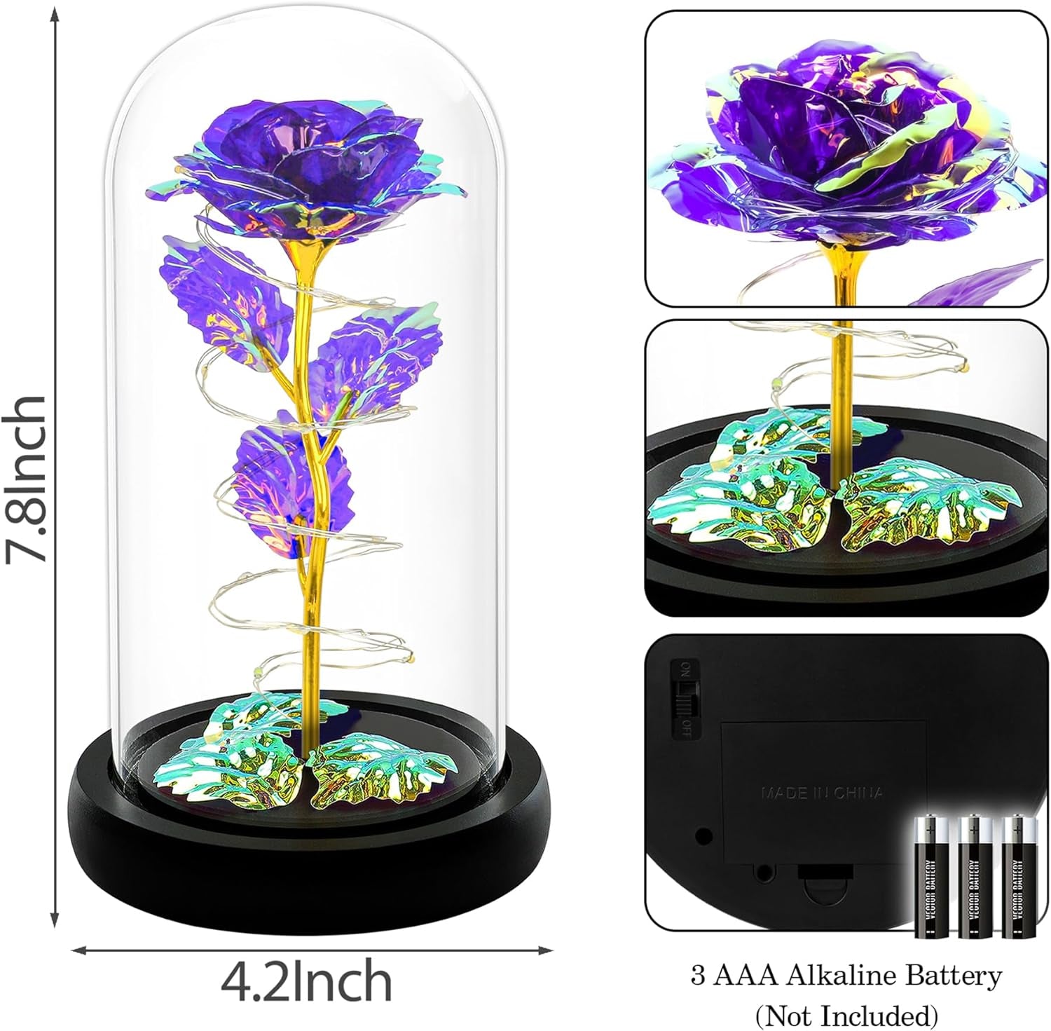 Mothers Day Mom Gifts for Mom,Birthday Gifts for Women Moms Grandma,Flowers for Delivery Prime,Purple Light up Rose in a Glass Dome,Anniversary Valentines Roses Gift for Her Wife Daughter